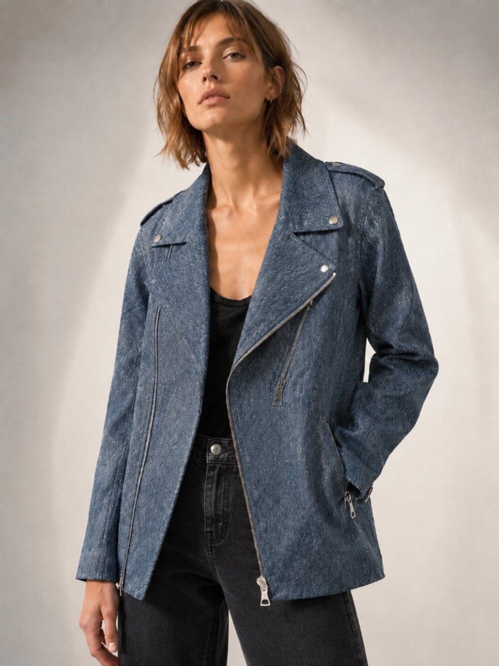 J BRAND Denim Textured Leather Moto Jacket